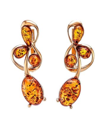 Bright Gold-Plated Earrings With Cognac Amber The Symphony, image 