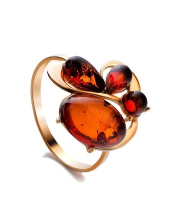 Cognac Amber Ring In Gold Plated Silver The Symphony, Ring Size: 12 / 21.5, image 