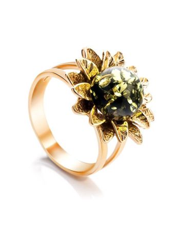 Green Amber Ring In Gold-Plated Silver The Aster, Ring Size: 11.5 / 21, image 