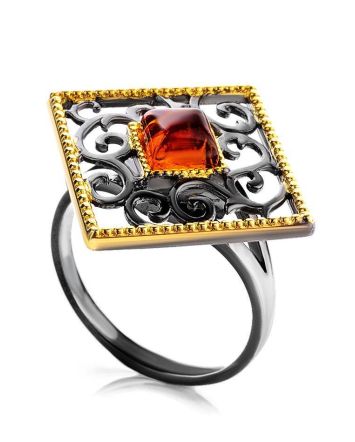 Gold-Plated Ring With Cognac Amber The Arabesque, Ring Size: 9.5 / 19.5, image 