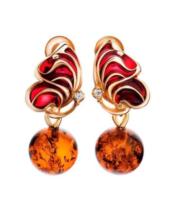Bold Gold-Plated Earrings With Amber And Enamel The Verona, image 