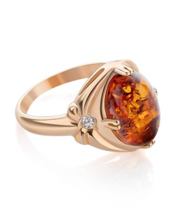 Cognac Amber Ring In Gold-Plated Silver With Crystals The Albertina, Ring Size: 11.5 / 21, image 