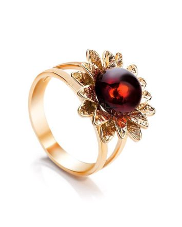 Gold-Plated Ring With Bright Cherry Amber The Aster, Ring Size: 11 / 20.5, image 