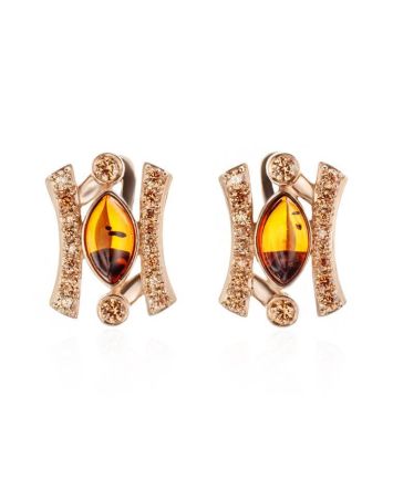 Cognac Amber Earrings In Gold With Champagne Crystals The Raphael, image 