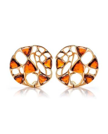 Round Gold-Plated Earrings With Cognac Amber The Domino, image 