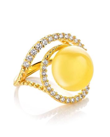 Bold Gold-Plated Cocktail Ring With Honey Amber And Crystals The Venus, Ring Size: 7 / 17.5, image 