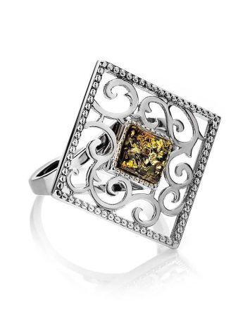 Cocktail Silver Ring With Green Amber The Arabesque, Ring Size: 10 / 20, image 