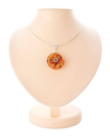 Sterling Silver Necklace With Round Amber Pendant, image 