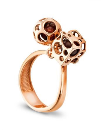 Dangle Gold-Plated Ring With Cherry Amber The Geneva, Ring Size: 5.5 / 16, image 