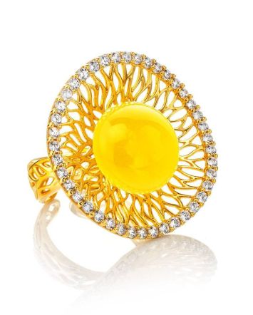 Fabulous Honey Amber Ring In Gold-Plated Silver With Crystals The Venus, Ring Size: Adjustable, image 