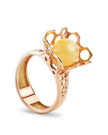Gold-Plated Ring With Round Cut Honey Amber The Geneva, Ring Size: 6.5 / 17, image 