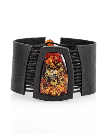 Dark Leather Bracelet With Green Amber The Amazon, image 