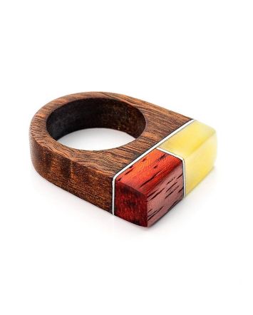 Handcrafted Amber Ring With Multicolor Wood The Indonesia, Ring Size: 7 / 17.5, image 