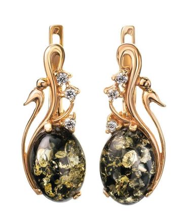 Gold-Plated Earrings With Green Amber And Crystals The Swan, image 
