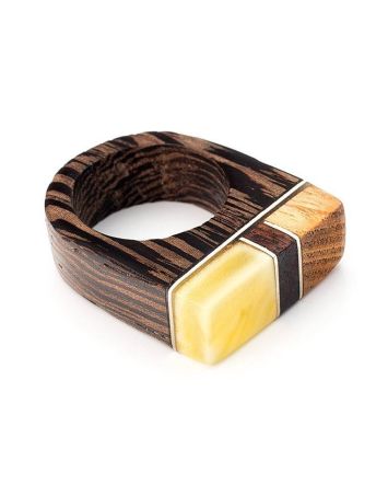 Multicolor Handcrafted Wooden Ring With Bright Honey Amber The Indonesia, Ring Size: 5.5 / 16, image 