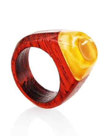 Handcrafted Padauk Wood Ring With Honey Amber The Indonesia, Ring Size: 8.5 / 18.5, image 