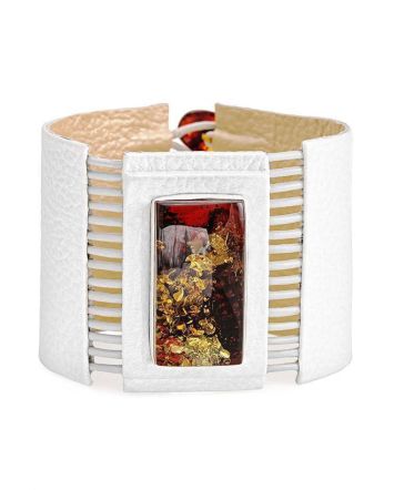 White Leather Bracelet With Square Cut Cognac Amber The Amazon, image 