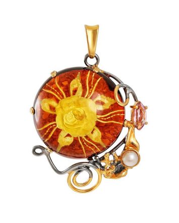 Cherry Amber Pendant In Gold-Plated Silver With Cultured Pearl And Crystals The Triumph, image 