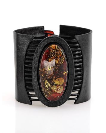 Black Leather Bracelet With Green Amber The Amazon, image 
