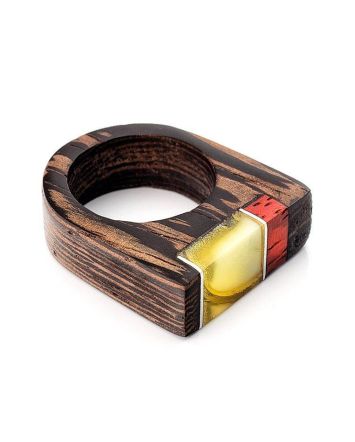 Handmade Honey Amber Ring With Padauk Wood The Indonesia, Ring Size: 7 / 17.5, image 
