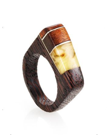 Handcrafted Wenge Wood Ring With Butterscotch Amber The Indonesia, Ring Size: 8 / 18, image 