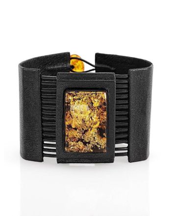 Dark Leather Handcrafted Bracelet With Green Amber The Amazon, image 
