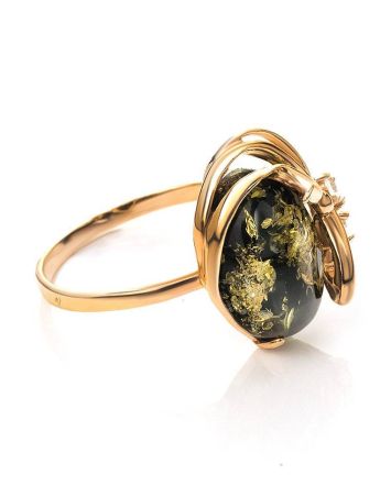 Gold-Plated Ring With Green Amber And Crystals The Swan, Ring Size: 12 / 21.5, image 