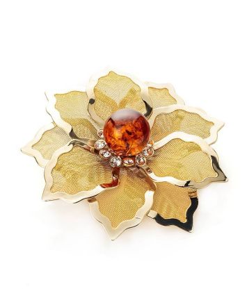 Bold Gold-Plated Floral Brooch With Cognac Amber And Crystals The Beoluna, image 