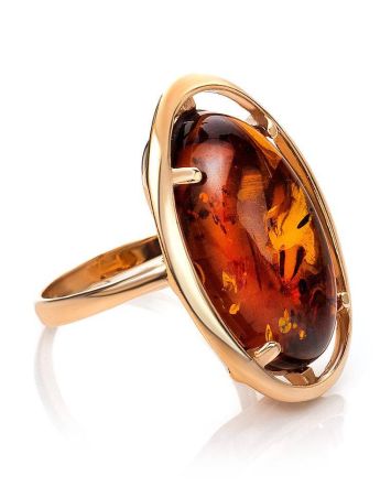 Bold Gold-Plated Cocktail Ring With Cognac Amber The Elegy, Ring Size: 13 / 22, image 