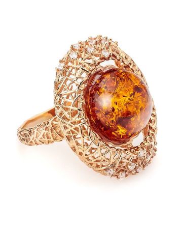 Gorgeous Amber Ring In Gold-Plated Silver With Crystals The Venus, Ring Size: 12 / 21.5, image 