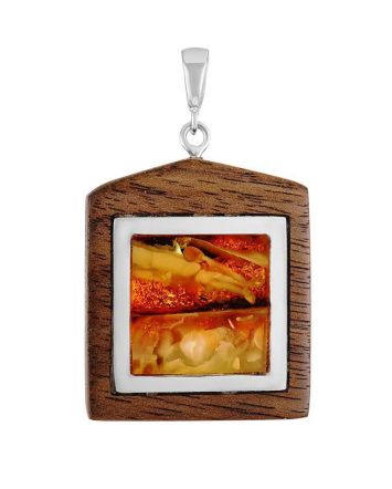 Geometric Wooden Pendant With Honey Amber The Indonesia, image 