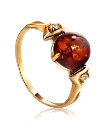 Cognac Amber Ring In Gold-Plated Silver With Crystals The Sambia, Ring Size: 13 / 22, image 