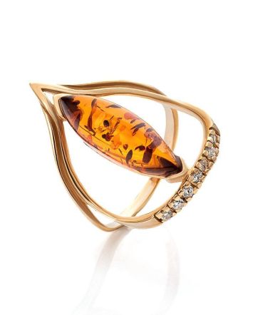 Gold-Plated Ring With Cognac Amber And Champagne Crystals The Raphael, Ring Size: 5.5 / 16, image 
