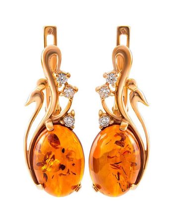 Golden Earrings With Cognac Amber and Crystals The Swan, image 