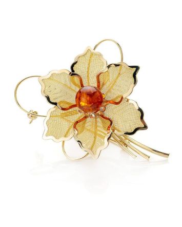 Gold Plated Floral Brooch With Cognac Amber The Beoluna, image 