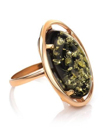 Green Amber Cocktail Ring In Gold-Plated Silver The Elegy, Ring Size: 8.5 / 18.5, image 