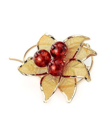 Chic Gold Plated Brooch With Cherry Amber The Beoluna, image 