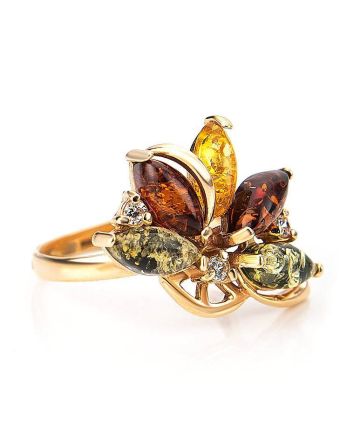 Multicolor Amber Ring In Gold-Plated Silver With Crystals The Verbena, Ring Size: 12 / 21.5, image 