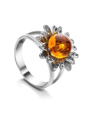 Bold Silver Ring With Cognac Amber The Aster, Ring Size: 11.5 / 21, image 