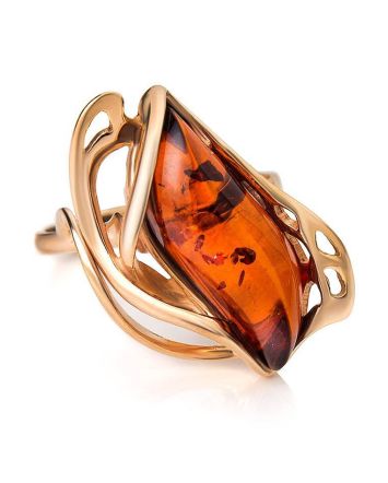 Bold Gold-Plated Ring With Cognac Amber The Illusion, Ring Size: 12 / 21.5, image 