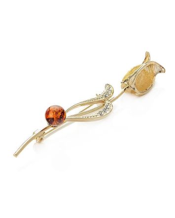 Cute Gold Plated Floral Brooch With Amber And Crystals The Beoluna, image 