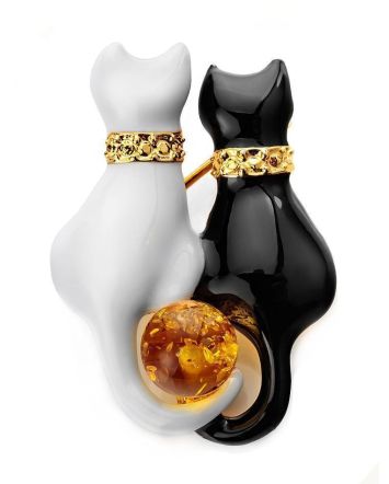 Charming Animalistic Enamel Brooch With Cognac Amber The Beoluna, image 