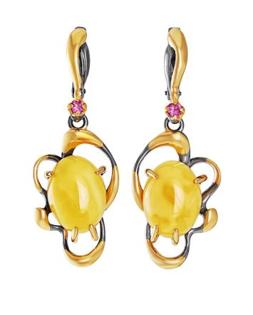 Drop Honey Amber Earrings In Gold-Plated Silver With Crystals The Pompadour, image 