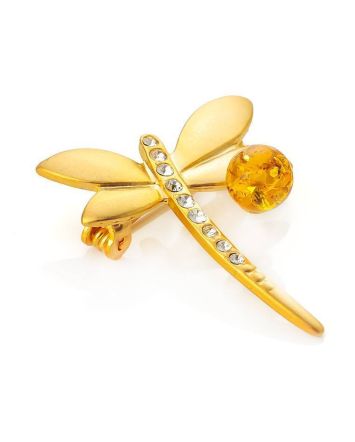 Gold Plated Dragonfly Brooch With Lemon Amber And Crystals The Beoluna, image 