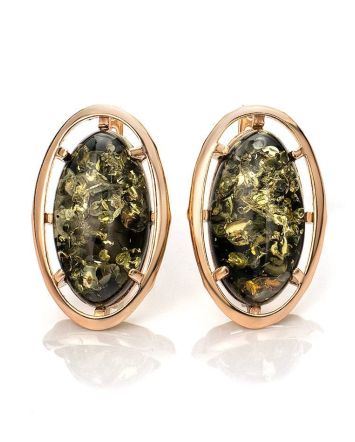 Oval Gold-Plated Earrings With Green Amber The Elegy, image 