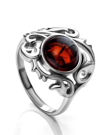 Bold Silver Cocktail Ring With Cherry Amber The Tivoli, Ring Size: 10 / 20, image 