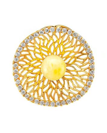Round Amber Pendant In Gold-Plated Silver With Crystals The Venus, image 