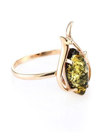 Bright Gold-Plated Ring With Green Amber The Tulip, Ring Size: 12 / 21.5, image 