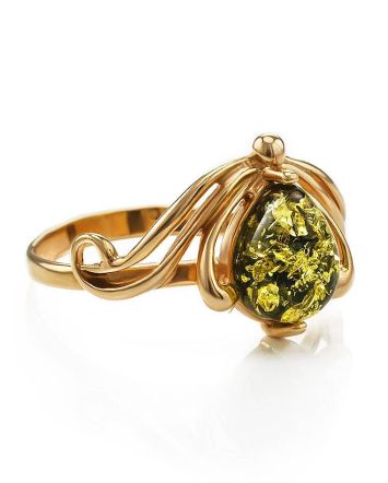 Bold Gold-Plated Ring With Green Amber The Swan, Ring Size: 13 / 22, image 