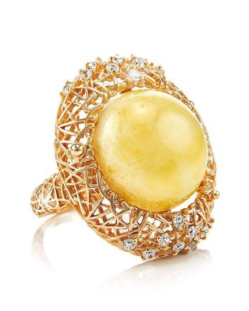 Bold Honey Amber Ring In Gold-Plated Silver With Crystals The Venus, Ring Size: 5.5 / 16, image 